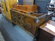 A DARK OAK LARGE SIDEBOARD, HAVING TWO DRAWERS (THE TOP DRAWER HAVING CUTLERY SECTION), FLANKED BY