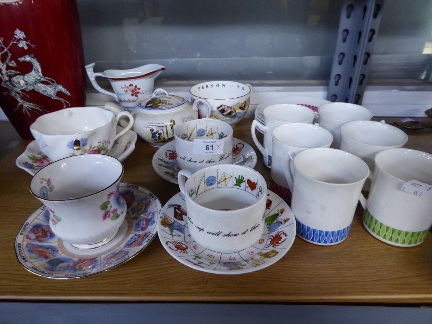 SUNDRY CHINA TEA WARES, INCLUDING; FORTUNE TELLERS CUPS AND SAUCERS, CHILDS NURSERY RHYME TEAPOT,