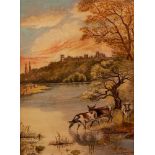 W. SHERRIN (EARLY TWENTIETH CENTURY) OIL PAINTING ON BOARD Cattle at water with a castle in the