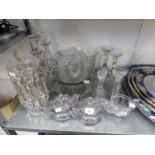 A VICTORIAN CUT GLASS TABLE LUSTRE (ONE DROP A.F.), A PAIR OF PRESSED GLASS CELERY VASES, TWO