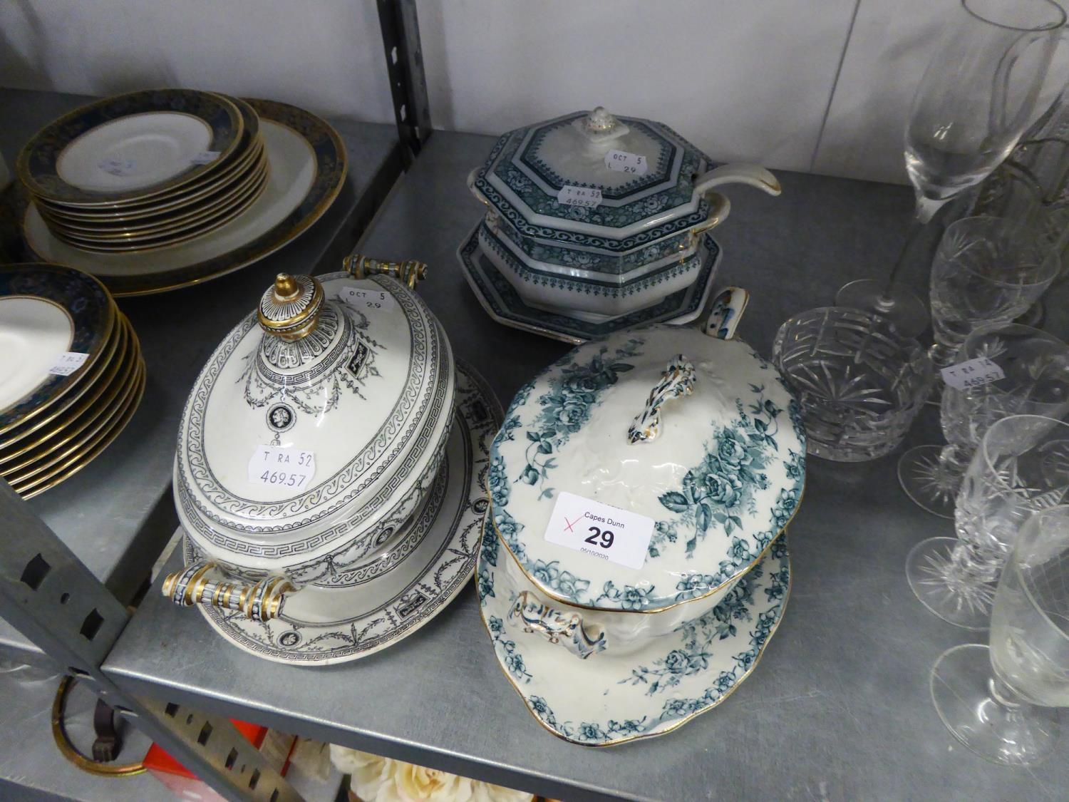 THREE SMALL VICTORIAN TUREENS, WITH COVERS, STANDS NAD LADLES (ONE LADLE A.F.)