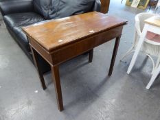 NINETEENTH CENTURY OBLONG FLAP-TOP CARD TABLE WITH BAIZE LINING, PLAIN APRON, ON FOUR SQUARE