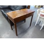 NINETEENTH CENTURY OBLONG FLAP-TOP CARD TABLE WITH BAIZE LINING, PLAIN APRON, ON FOUR SQUARE