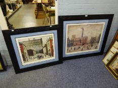 TWO LARGE LOWRY PRINTS, UNSIGNED, FRAMED AND GLAZED 'COMING HOME FROM THE MILL' AND 'STREET