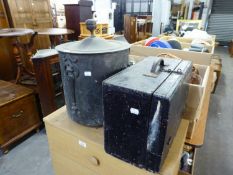 A CIRCULAR METAL COAL BOX, A SMALL TOOL CHEST AND A FIVE DRAWER MODERN CHEST OF DRAWERS