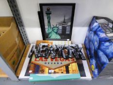 FOUR PRINTED IMAGES ON CANVAS, TWO FRAMED HOLOGRAMS AND A 'NEW YORK' FREE STANDING ORNAMENT