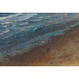 GEORGE THOMPSON (1934 - 2019) PASTEL DRAWING View from cliff top onto beach with figures walking