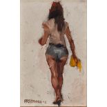 DAVID STEFAN PRZEPIORA (1944) OIL PAINTING ON BOARD Woman in hot pants Signed lower left 9in x