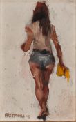 DAVID STEFAN PRZEPIORA (1944) OIL PAINTING ON BOARD Woman in hot pants Signed lower left 9in x