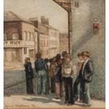 ANNE STAFFORD (MODERN) TWO WATERCOLOUR DRAWINGS Group of Youths on a Street Corner, 1976 4? x 4? (
