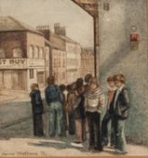 ANNE STAFFORD (MODERN) TWO WATERCOLOUR DRAWINGS Group of Youths on a Street Corner, 1976 4? x 4? (