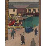 ATTRIBUTED TO HARRY RUTHERFORD (1903-1985) OIL ON BOARD Street scene with figures and children on