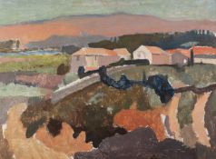 HARRY RUTHERFORD (1903 - 1985) OIL PAINTING ON BOARD Landscape with buildings 17 1/2" x 24" (45 x