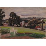 HARRY RUTHERFORD (1903 - 1983) OIL PAINTING ON ARTIST'S BOARD View of Mottram village and church