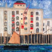 KATHERINE DOVE (MODERN) MIXED MEDIA ON CANVAS ?Docklands I? Initialled, signed and titled to