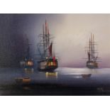 BARRY HILTON (b.1941) OIL ON CANVAS Moonlit seascape with moored galleons Signed 11 ½? x 15 ½? (29.