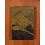 KEITH HAMLETT (TWENTIETH CENTURY) CARVED AND STAINED WOOD PANEL Reclining female nude Signed and