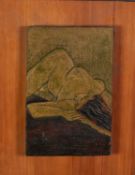 KEITH HAMLETT (TWENTIETH CENTURY) CARVED AND STAINED WOOD PANEL Reclining female nude Signed and