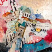 RICHARD BUREL (MODERN) MIXED MEDIA ON BOARD ?Romance in Prague? Signed, titled to gallery label