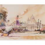 PETER SHACKLETON (b.1933) WATERCOLOUR Grand Canal Scene, Venice, with two female figures in the