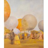 PETER MILLER (20th Century) OIL PAINTING ON CANVAS Ballooning subject in former times Signed lower