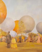 PETER MILLER (20th Century) OIL PAINTING ON CANVAS Ballooning subject in former times Signed lower