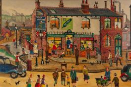 ALAN TORTICE (b. 1948) ACRYLIC ON BOARDNorthern Industrial town with numerous figures and dogs