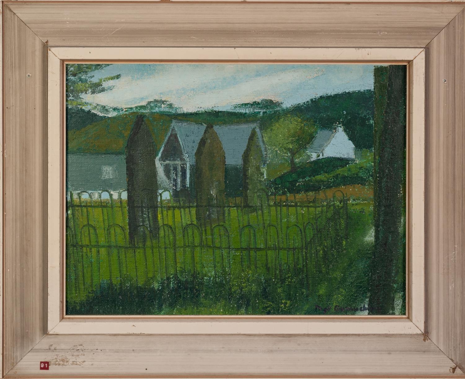 MARGARET GUMUCHIAN (1928 - 1999) OIL PAINTING ON DALER BOARD Borgue Churchyard Signed lower right - Image 2 of 2