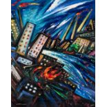 DAVID WILDE (1918-1974) ACRYLIC PAINTING ?Fire Along the Irwell? Signed and titled 18? x 14? (45.7cm