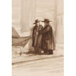 D.N. St JOHN ROSSE ARTIST SIGNED PRINT OF A MONOCHROME WASH DRAWING Two Orthodox Jewish men in