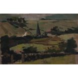 HARRY RUTHERFORD (1903 - 1983) OIL PAINTING ON ARTIST'S BOARD Rural Landscape with church spire near