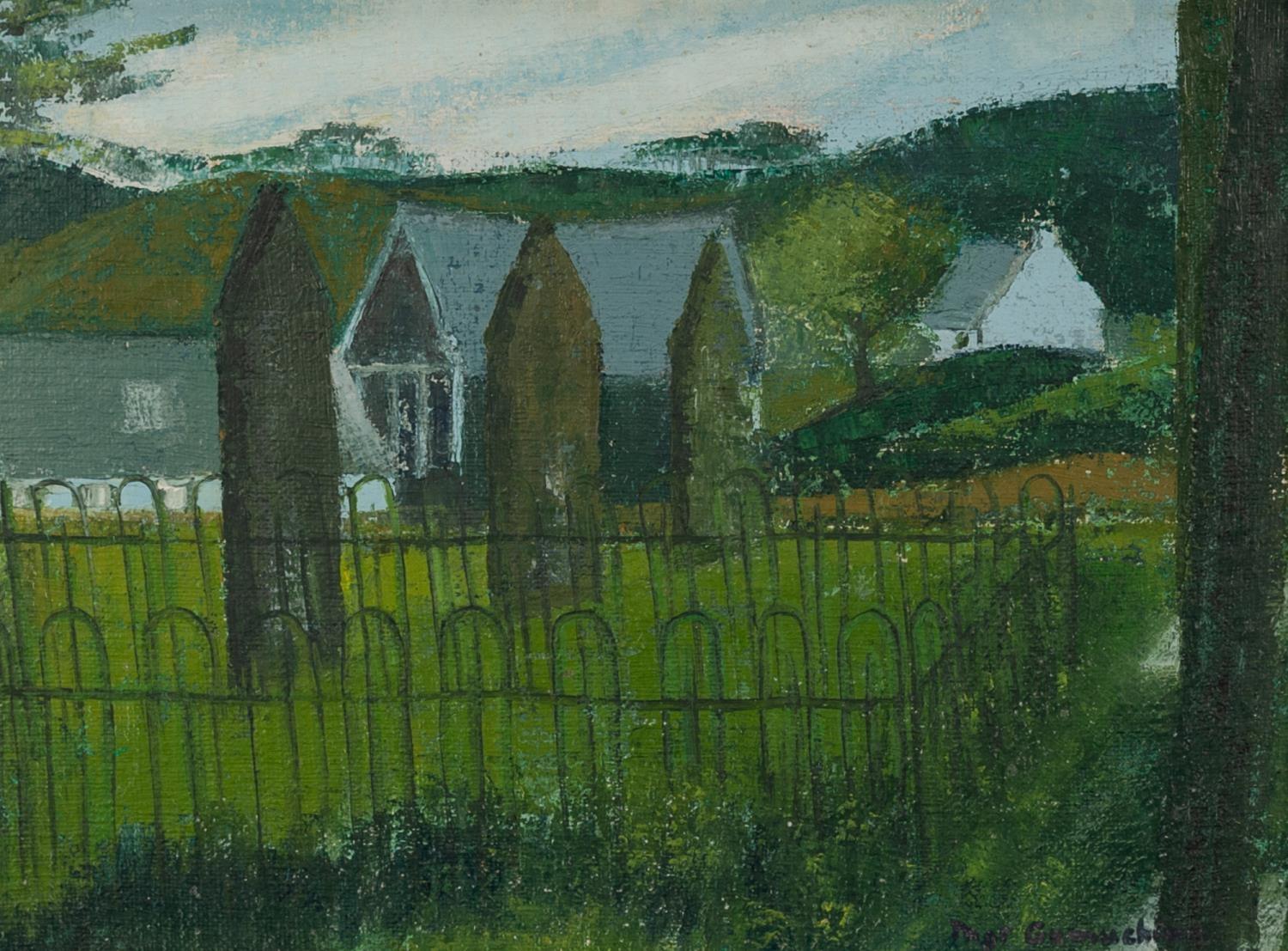 MARGARET GUMUCHIAN (1928 - 1999) OIL PAINTING ON DALER BOARD Borgue Churchyard Signed lower right