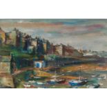 ROBERT BINDLOSS (1939) GOUACHE DRAWING Harbour scene with moored small boats14 1/2in x 22 1/2in (