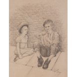 TOM DODSON (1910 - 1991) PENCIL DRAWING Urchin boy sitting on the pavement whittling, young girl
