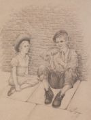 TOM DODSON (1910 - 1991) PENCIL DRAWING Urchin boy sitting on the pavement whittling, young girl