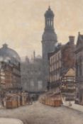 FRANCIS BROWN TIGHE (c1885-1926) WATERCOLOUR DRAWING Manchester street scene looking towards the