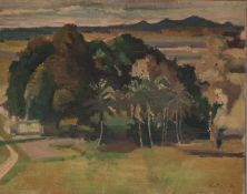 HARRY RUTHERFORD (1903 - 1983) OIL PAINTING ON CANVAS Landscape with trees, mountains on the