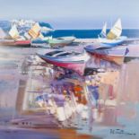 FABIO CONSTANTINO (b.1945) OIL ON CANVAS ?Relaxing at the Harbour VI? 29 ½? x 29 ½? (75cm x 75cm)