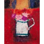 CAROLINE BAILEY (b.1953) MIXED MEDIA ?Jug on Red Cloth? Signed, titled and dated 2006 to Waterford