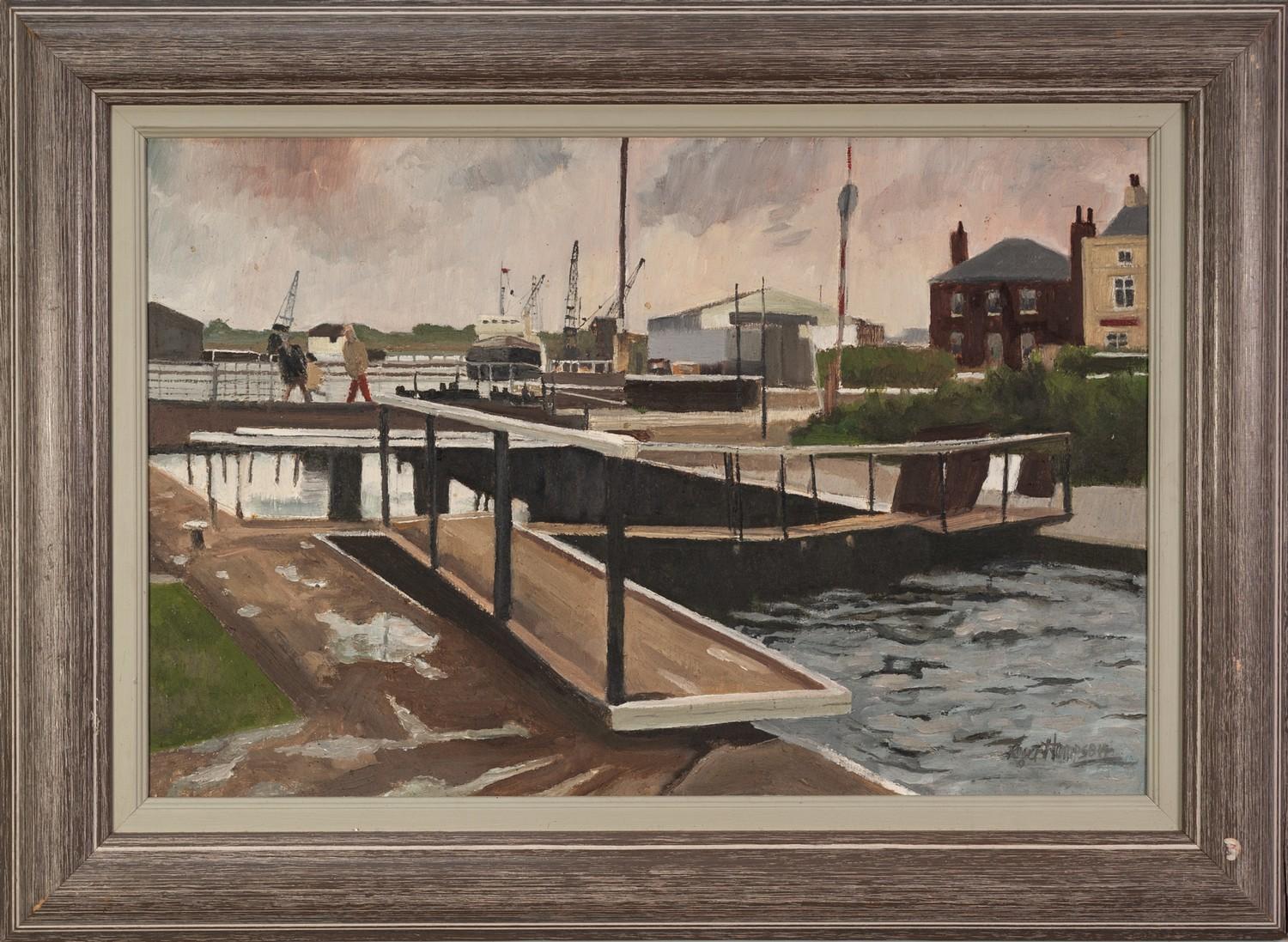 ROGER HAMPSON (1925 - 1996) OIL PAINTING ON BOARD 'Glasson Dock' Signed lower right, titled and - Image 2 of 2