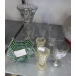 A GREEN AND WHITE GLASS ?HANDKERCHIEF? BOWL; DRINKING GLASSES AND MISCELLANEOUS GLASS WARES
