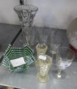 A GREEN AND WHITE GLASS ?HANDKERCHIEF? BOWL; DRINKING GLASSES AND MISCELLANEOUS GLASS WARES