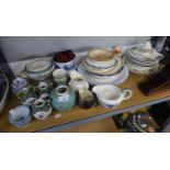 THREE CHINA BLUE AND WHITE PORCELAIN HANDLED TEA BOWLS AND SIX OTHER PIECES OF ORIENTAL CHINA