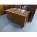 19TH CENTURY MAHOGANY CHEST WITH LIFT-UP TOP, TWO DRAWERS BELOW, END BRASS HANDLES