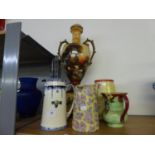 A LARGE LATE VICTORIAN TWO HANDLED POTTERY ON STAND WITH FOUR VARIOUS POTTERY LARGE JUGS (5)