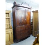 MAHOGANY LARGE INLAID PRESS CUPBOARD, HAVING 2 SHORT OVER 2 LONG DRAWERS AND CUPBOARD DOORS,