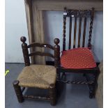 OAK BARLEY TWIST SINGLE CHAIR AND A SOLID LOW CHILD'S CHAIR HAVING RUSHWORK SEAT  (2)