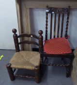 OAK BARLEY TWIST SINGLE CHAIR AND A SOLID LOW CHILD'S CHAIR HAVING RUSHWORK SEAT  (2)