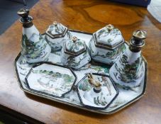 SEVEN PIECE NORITAKE PORCELAIN DRESSING TABLE SET, comprising: GRADUATED SET OF THREE HEXAGONAL JARS