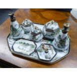 SEVEN PIECE NORITAKE PORCELAIN DRESSING TABLE SET, comprising: GRADUATED SET OF THREE HEXAGONAL JARS